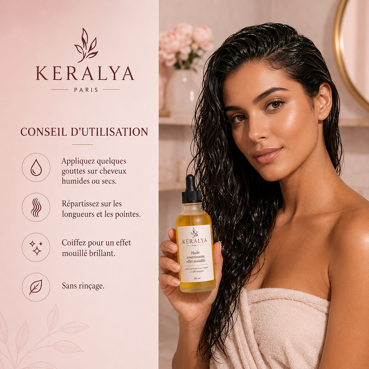 Cheveux à la finition glossy et lumineuse avec l'huile effet mouillé Keralya