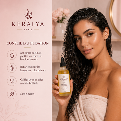 Cheveux à la finition glossy et lumineuse avec l'huile effet mouillé Keralya