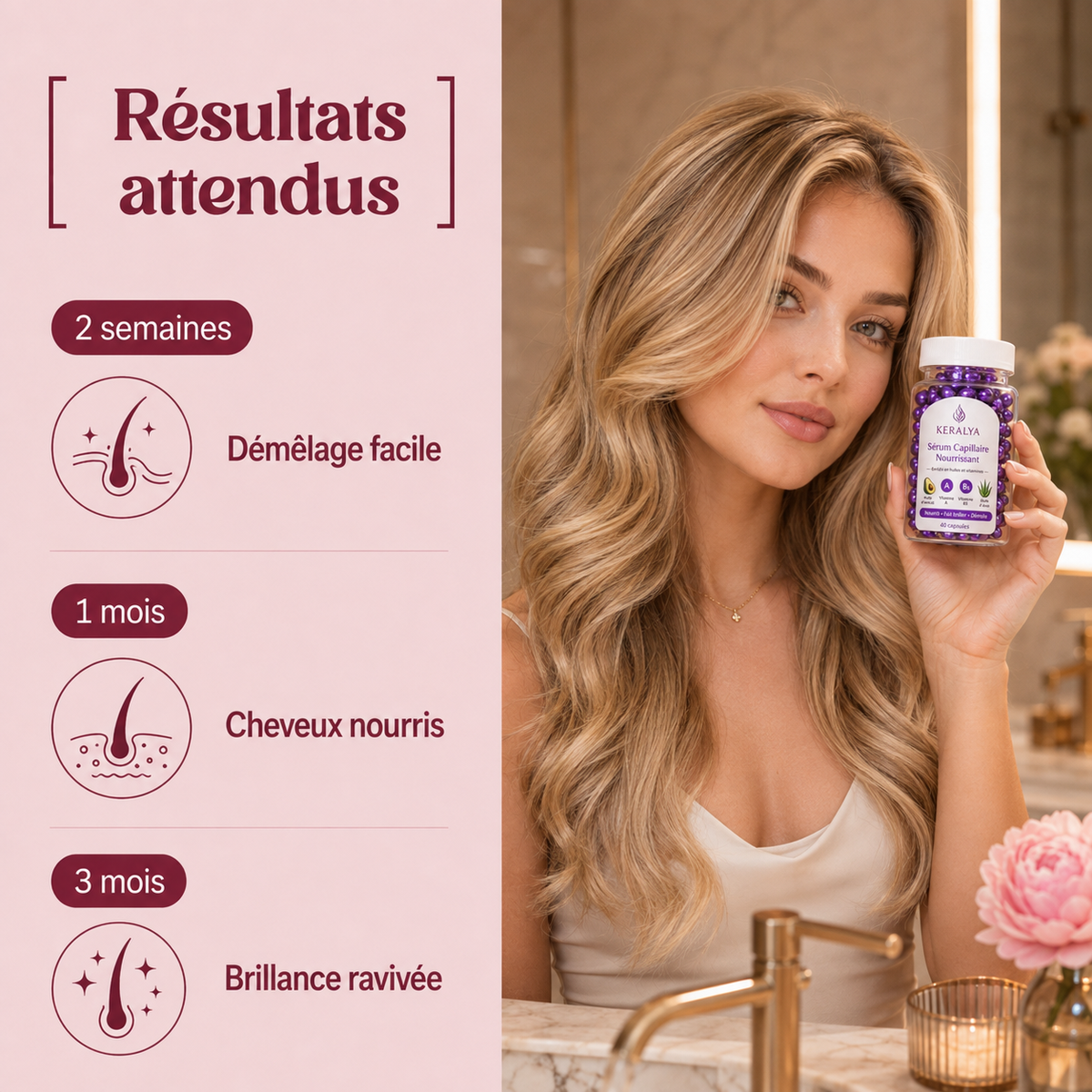 Ingrédients naturels des capsules démêlantes Keralya : avocat, aloe vera, vitamines A et B5