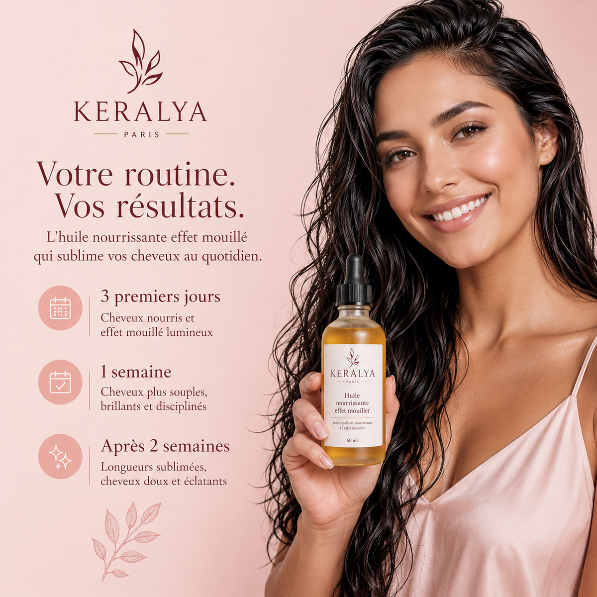 Ingrédients naturels de l'huile effet mouillé Keralya : olive, romarin, lavande