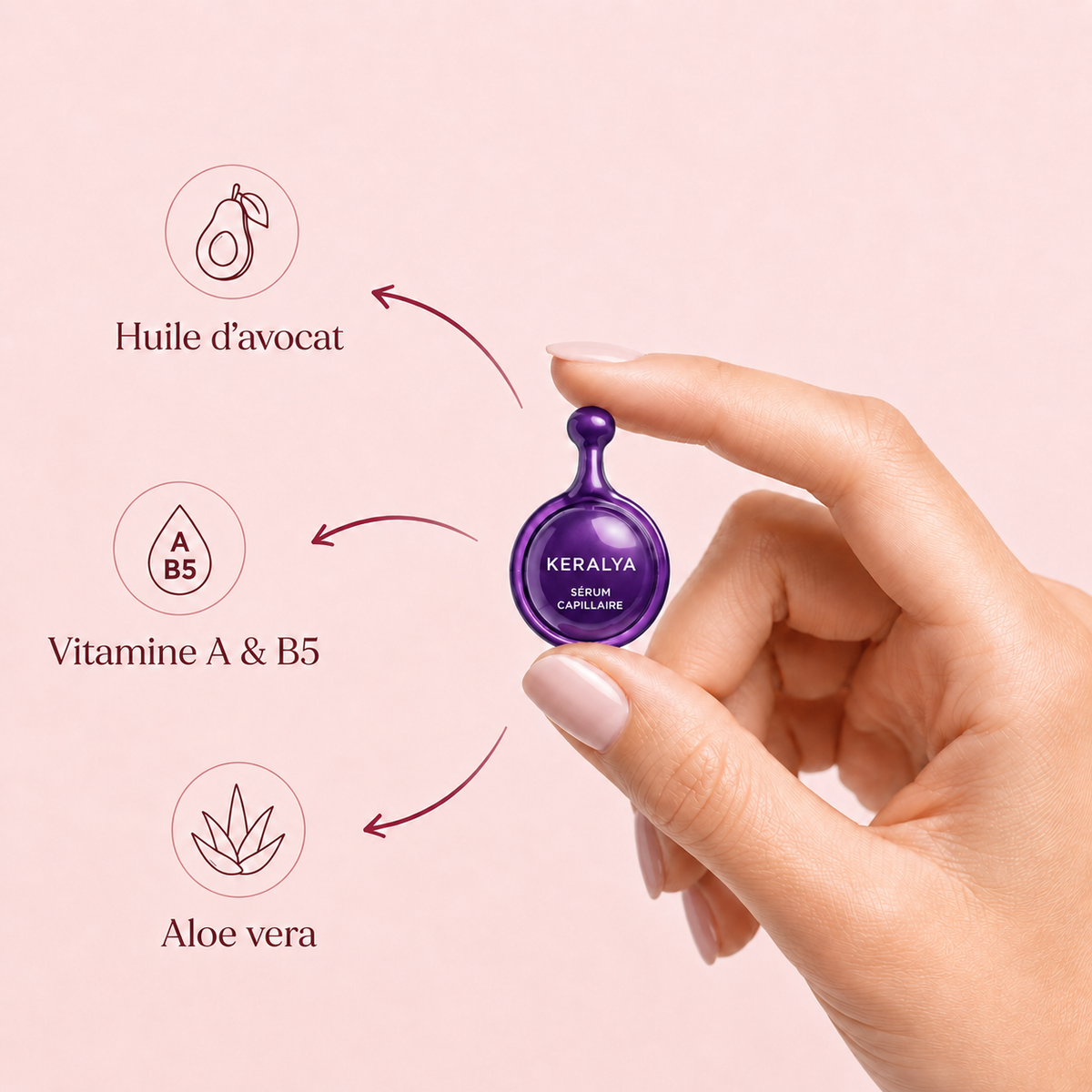 Capsule d'huile démêlante Keralya ouverte pour cheveux secs et abîmés