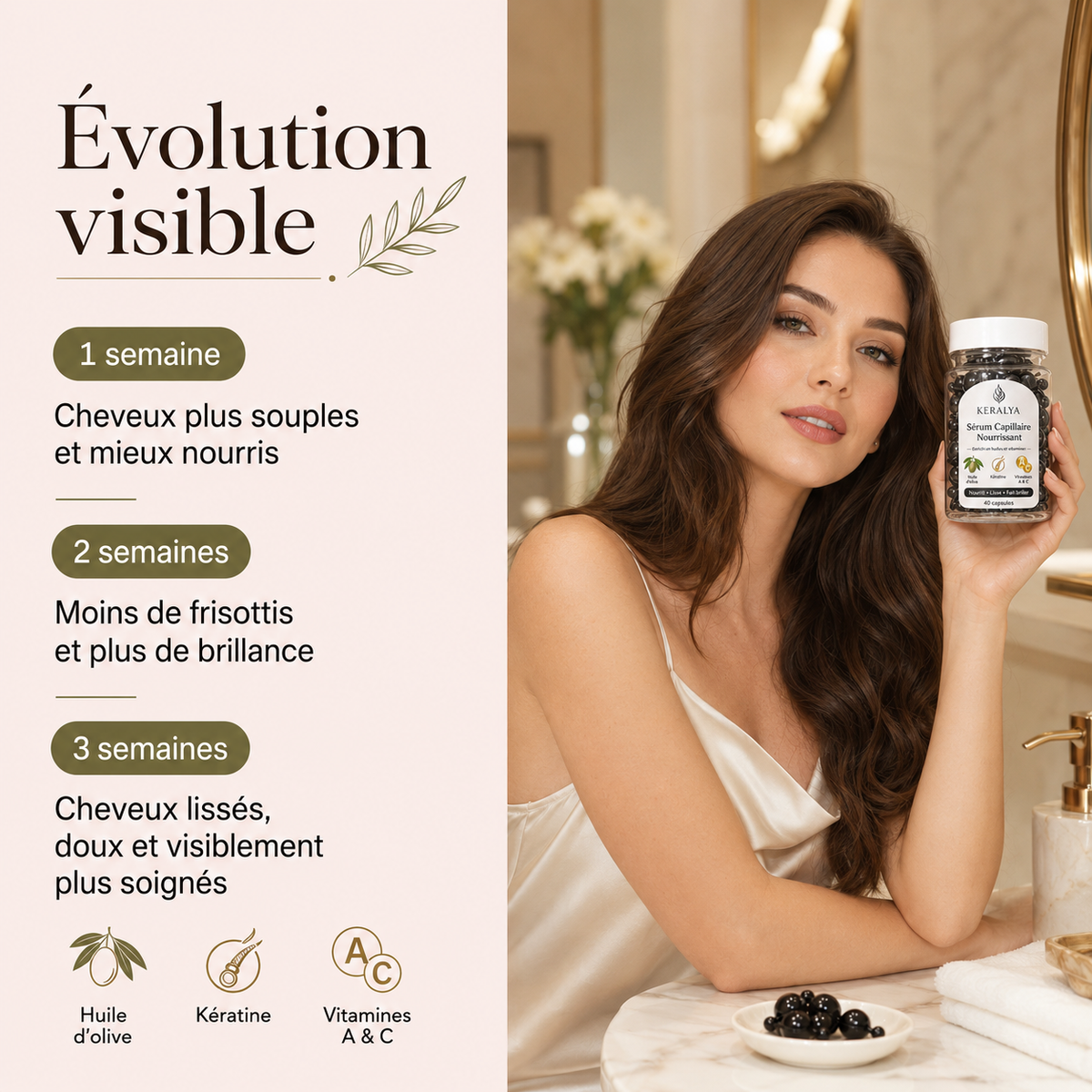 Capsules cheveux Keralya huile d'olive keratine multivitamines usage externe