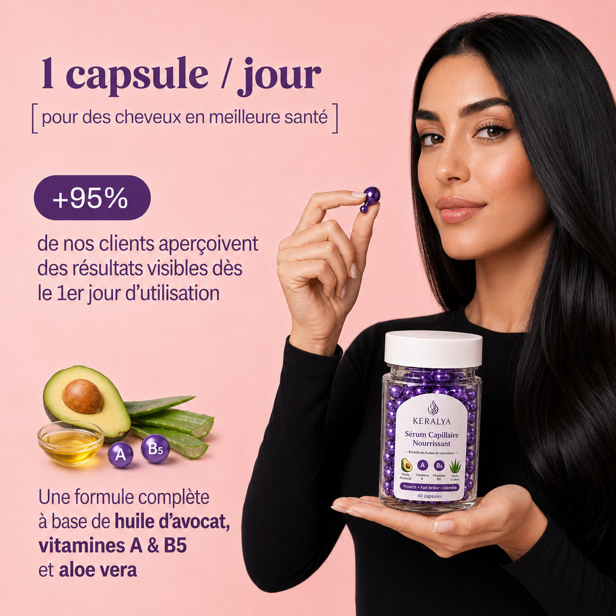 Application de l'huile démêlante Keralya sur cheveux longs sans nœuds