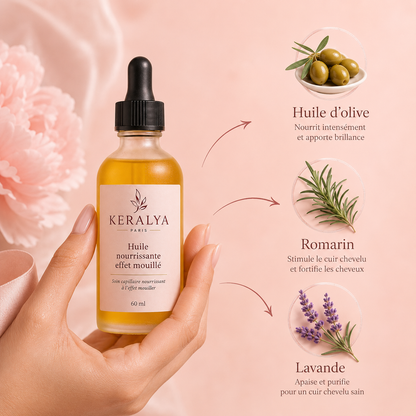 Application de l'huile coiffante Keralya pour un effet mouillé brillant