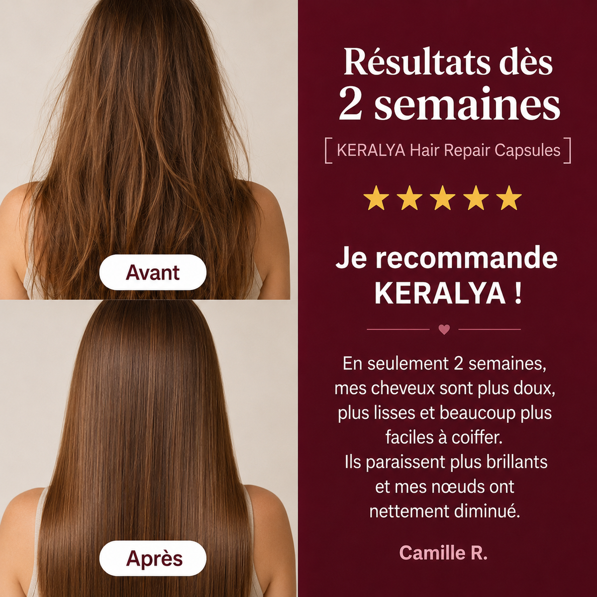 Cheveux démêlés, doux et brillants après le soin Keralya à l'aloe vera